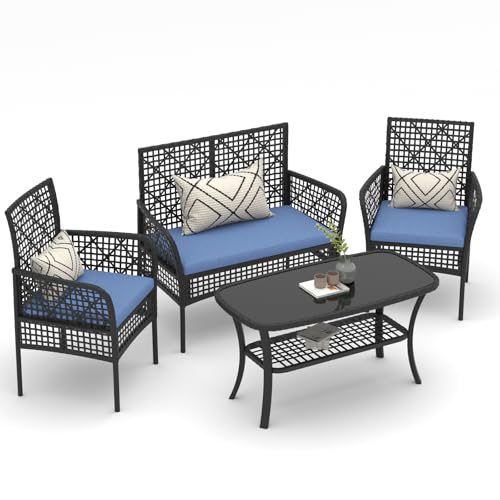HLNPTN 4 Pieces Outdoor Patio Furniture Set, PE Rattan Chairs Wicker Furniture with Coffee Glass...