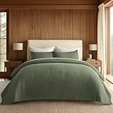 EVERGRACE Cross Stitch Pre-Washed Cotton Quilt Bedding Set King Size, Oversized 3 Pieces Lightweight Bedspread Coverlet for All Season, with 2 Matching Shams, Olive Green,108