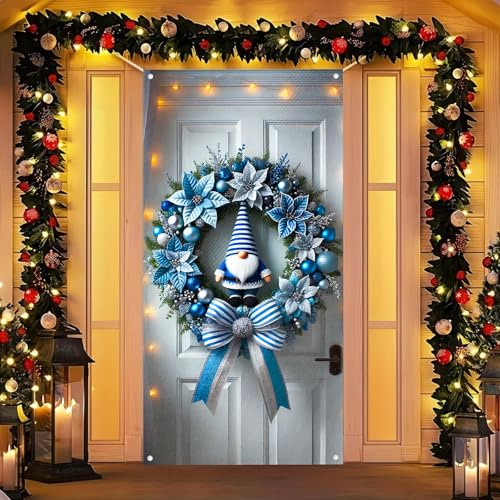 Image of BlissYard Christmas Door Cover 35x71 Inch Gnome Wreath Holiday Decor