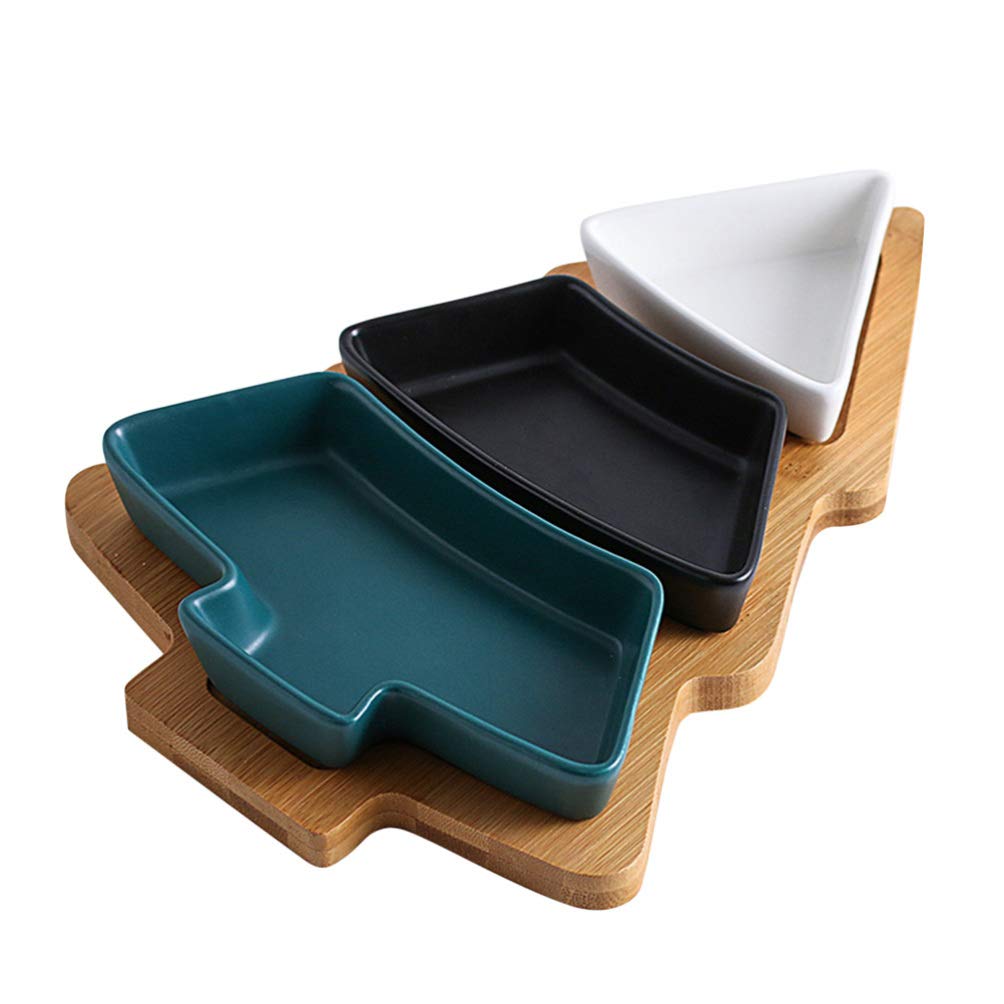 Piatto da portata in ceramica natalizia rimovibile for albero di Natale, snack, vassoio for antipasti, piatto da dessert, piatto in porcellana con base in bambù, for vacanze, matrimoni, feste in casa,