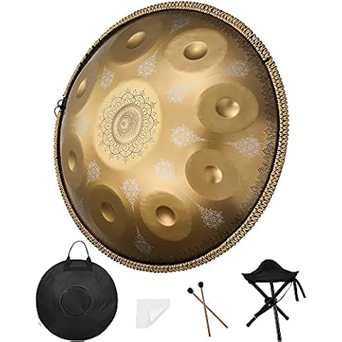 9 Notes Handpan In D Minor, 22 Inches Steel Hand Drum With Soft Bag, 22" (56cm) 9 Notes (d3 A Bb C D E F G A), For Music Enthusiast& Beginners, Laser Engraving (Color : Gold) Cover