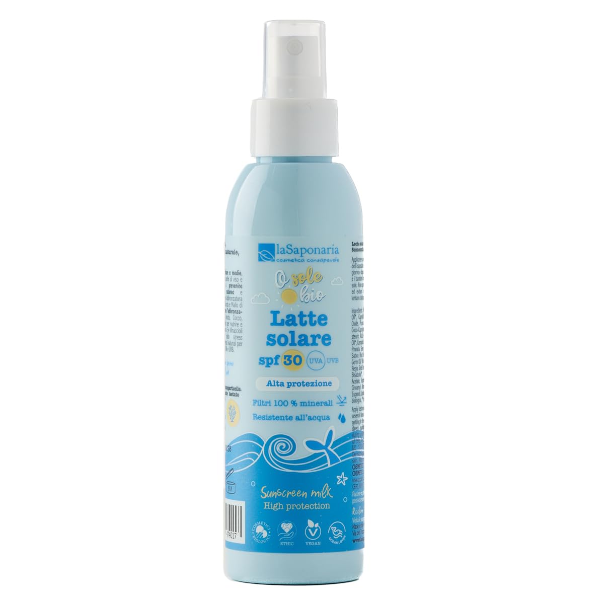 La Saponaria | Latte Solare con filtri fisici, protezione alta-media-bassa, con spray pratico, facile da spalmare e ideale per tutta la famiglia – 125 ml (50, Fattore di protezione solare (SPF))