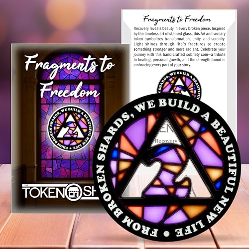 Image of Stained Glass 2 Year AA Chip Sobriety Coin Medallion, Fragments to Freedom Alcoholics Anonymous Addiction Recovery Anniversary Token, Inspirational Sober Gifts for Men and Women by the Token Shop