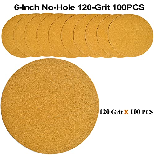 Image of 6-Inch No-Hole Hook and Loop Sanding Discs 120-Grit, Random Orbital Sandpaper for Automotive and Woodworking, 100-Pack