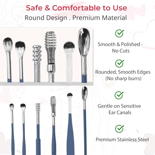 Image of TEMPERIA Ear Wax Cleaner & Removal Tool Kit | Deep Cleaning | Set of 6 Different Spoons & Spiral Tools with Storage Bag | Blue Colour (RW116)