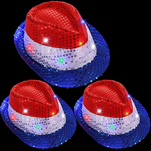 3 Pcs 4Th Of July Light Up Sequin Fedora Hats For Women Men With Red White And Blue Design Flashing Fedoras Patriotic Led Hats For 4Th July Independence Day Memorial Day Celebration Party Accessories #TOP28