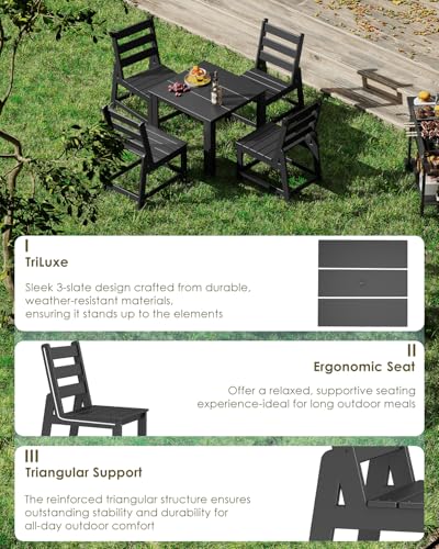 Image of GREENVINES 5PCS Patio Dining Set, HDPE Square Table & 4 Side Chairs, Black