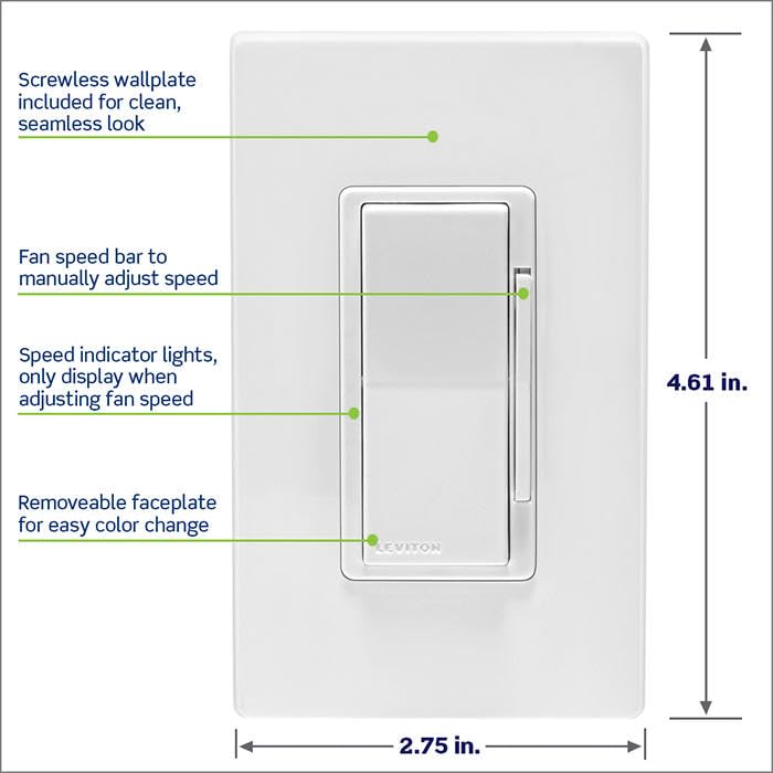 Image of Leviton Decora Smart Fan Speed Controller,Wi-Fi 2nd Gen,Neutral Wire Required,Works with My Leviton,Alexa,Google Assistant,Apple Home /Siri&Wired or Wire-Free 3-Way,D24SF-1RW,White (Pack of 2)