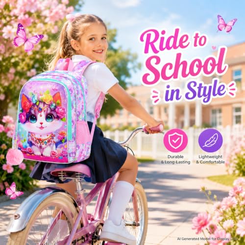 Image of 16 inch Cat Backpack for School, Girls Kids Bookbag with Lunch Box,3Pcs Backpacks for Elementary Preschool Kindergarten (Pink)