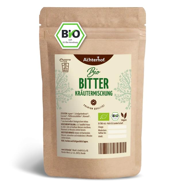 Bio Bitter Shot Kräuterteemischung 250g gemahlen | ganzheitliche Bitterkräuter-Mischung für vor oder nach dem Essen | mit Wermut und Scharfgarbe | Achterhof