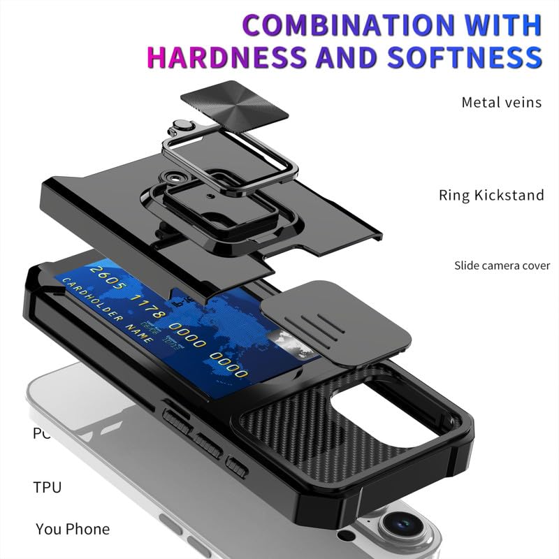 Image of LuxuryKase Shockproof Armor Case for iPhone 17 | Slide Camera Cover | Hidden Card Slot | Rotating Ring Kickstand | Magnetic Car Mount Support | Military Grade Protection - Black