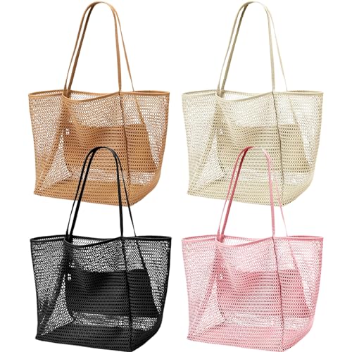 Viwnrxta 4pcs Beach Bags for Women Nylon Mesh Summer Travel Tote Bag with Large Inner Zipper Pocket (Brown+White+Black+Pink)