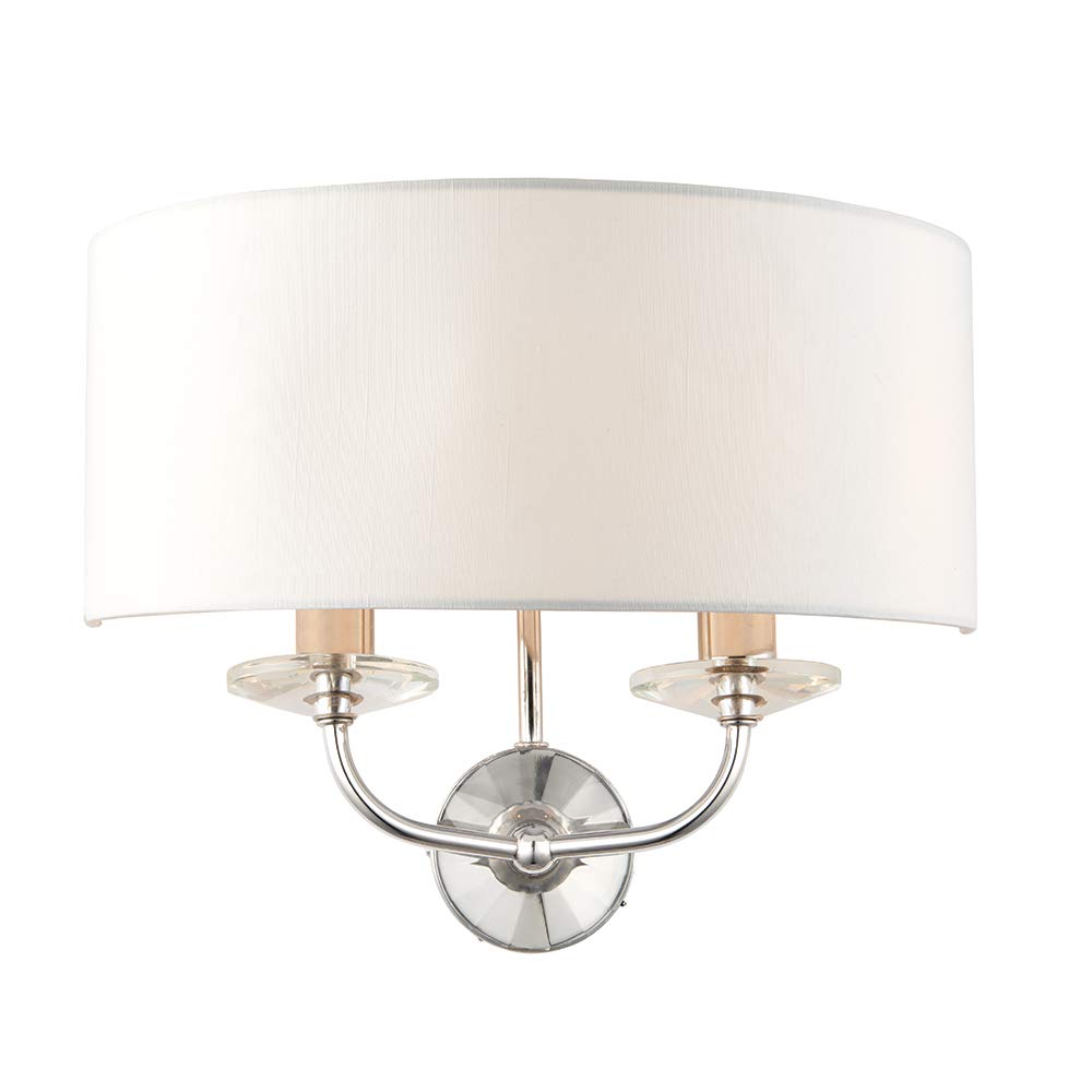 National Lighting Kennedy Modern Bright Nickel Twin Wall Light Fitting with Crystal Detail and White Fabric Shade