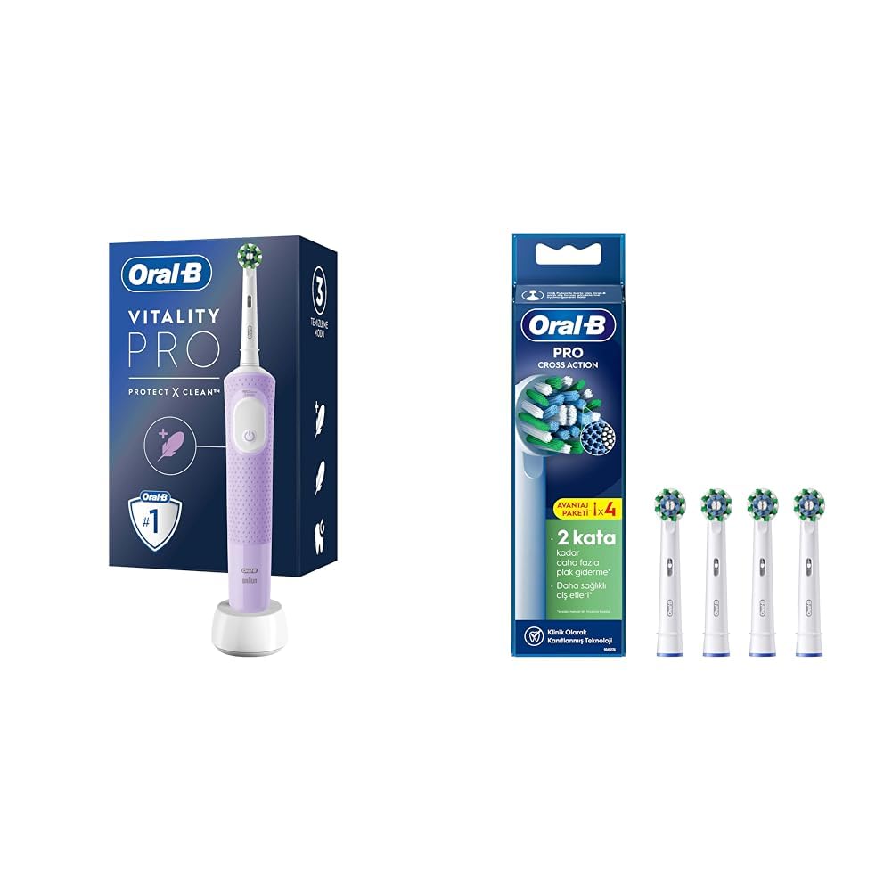 Oral-B Şarjlı/Elektrikli Diş Fırçası Vitality Pro Lila Koruma ve Temizlik + Oral-B Cross Action X-Filament Şarjlı Diş Fırçası Yedek Başlığı 4 Adet