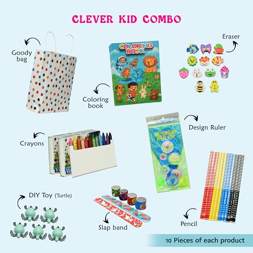 Image of Return Gift Combo for Kids - Pack of 10 (80 Pieces) | Birthday Party Favors, School Event Gifts | Coloring Book, Crayons, Spirograph, DIY Toy & Slap Band (Boys & Girls 4-10 Years)