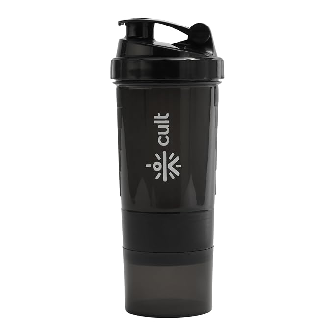 Cult Spider Gym Shaker Bottle 550ml 2 Storage Compartment Workout Shaker Bottle for Men & Women Black