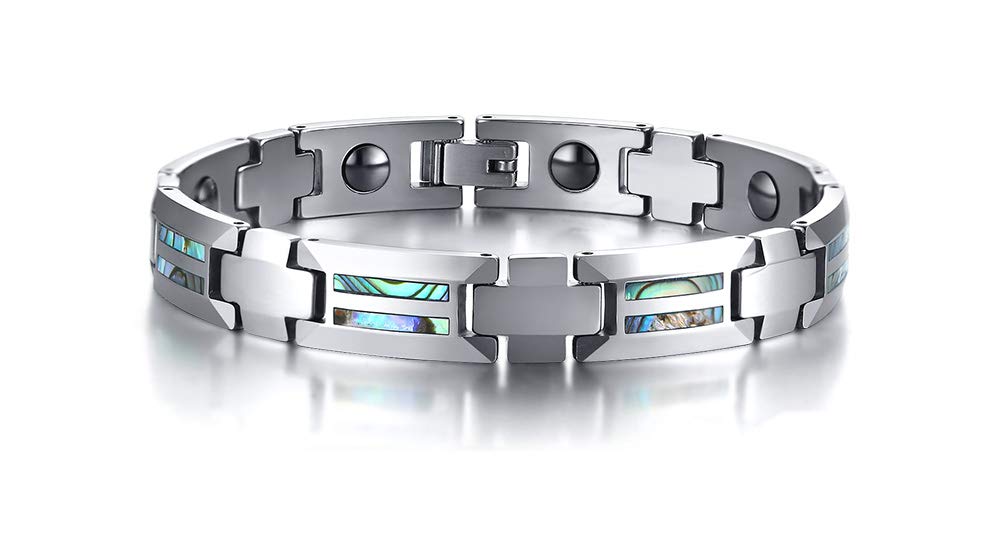 VNOX Black Ceramic and Tungsten Steel Hematite Double Row Shell Inset Health Therapy Healing Adjustable Bangle Bracelet for Men Boys