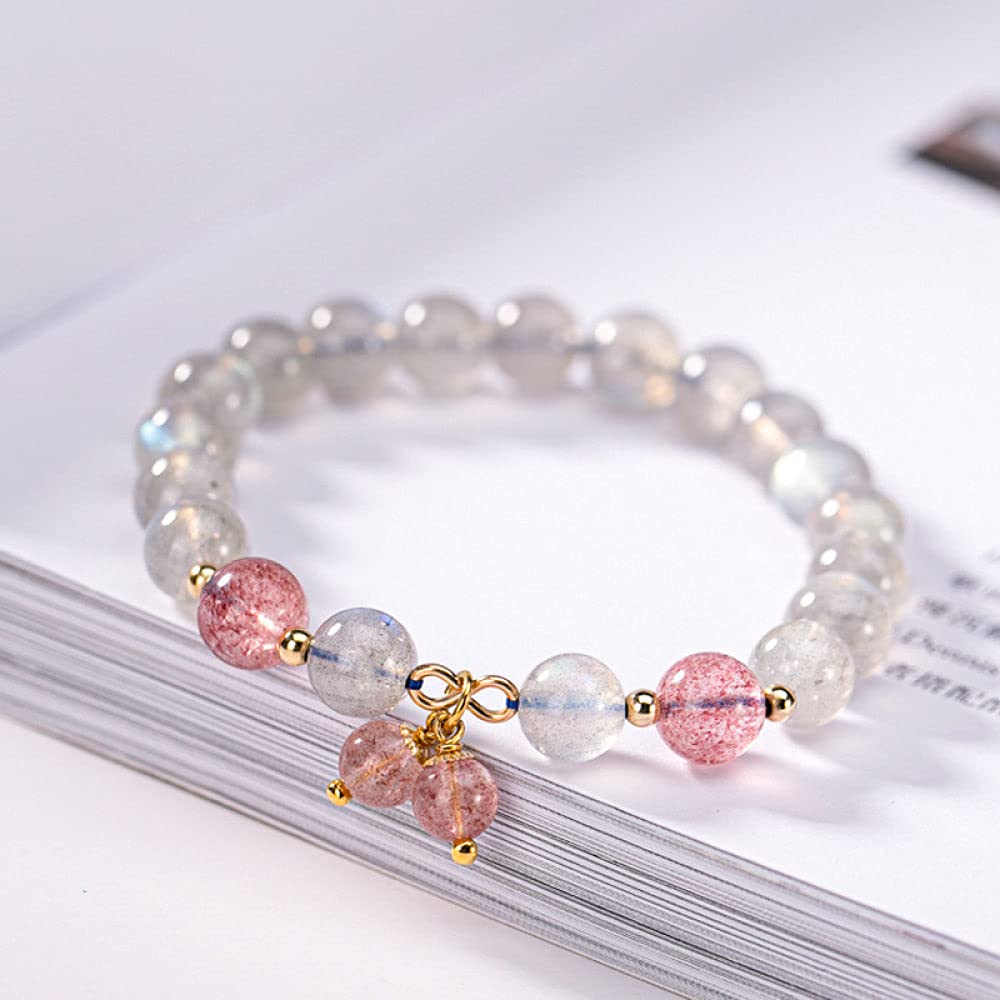 Girls Accessories Bracciale in Argento Sterling 925 Vintage per Donna Semplice Cristallo di Fragola Perline di Pietra di Luna Fascino Classico di Gioielli Spiaggia Estiva Birthday Gift