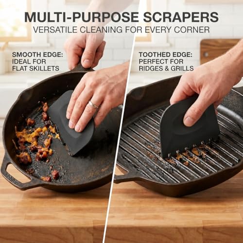 Image of Cast Iron Scrubber (2 x Black Coarse Mesh) and and Scraper, Chain Mail Scrubber for Cleaning Stock Pots, Pans, Griddles, Grills, Cast Iron Skillets, Dish Scouring Pads