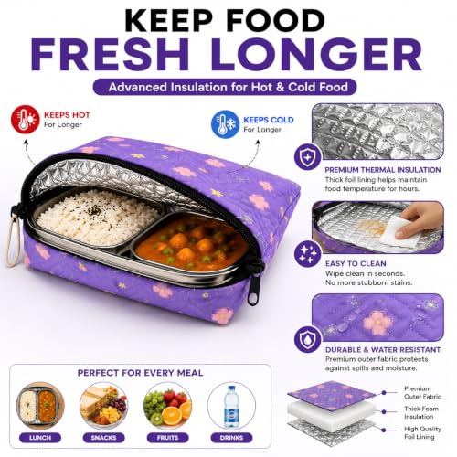 Image of Insulated Lunch Pouch for Office, School & Travel | Thermal Tiffin Bag with Aluminium Foil Lining | Leakproof, Lightweight & Reusable Lunch Organizer for Men, Women & Kids (Flower Printed)