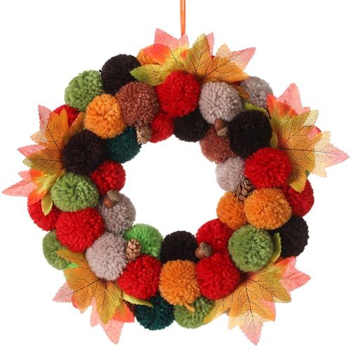 Thiccywoov 13 Inch Yarn Pom Pom Wreath for Front Door Colorful Felt...