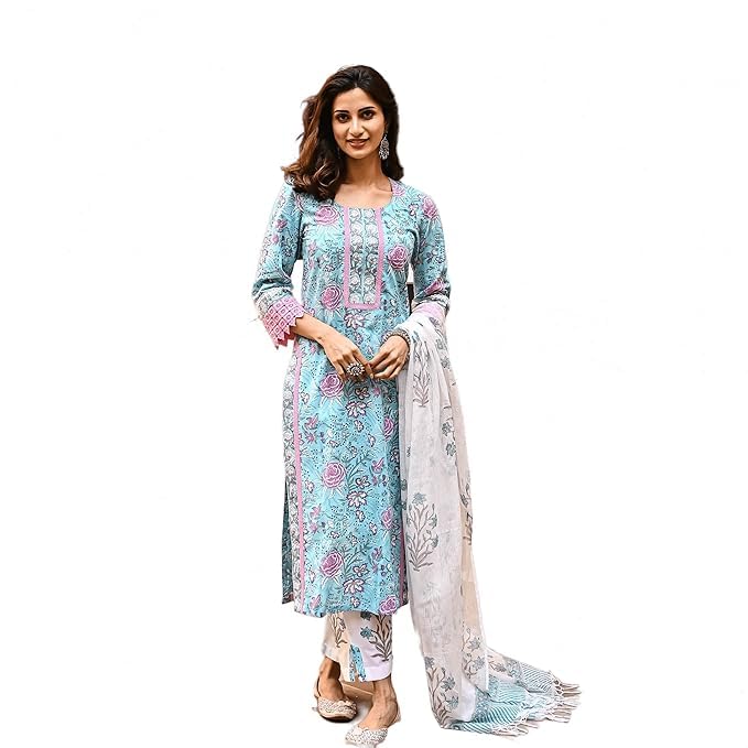 Royal ExportWomen's SkyBlue Floral Printed Salwar Suit Set