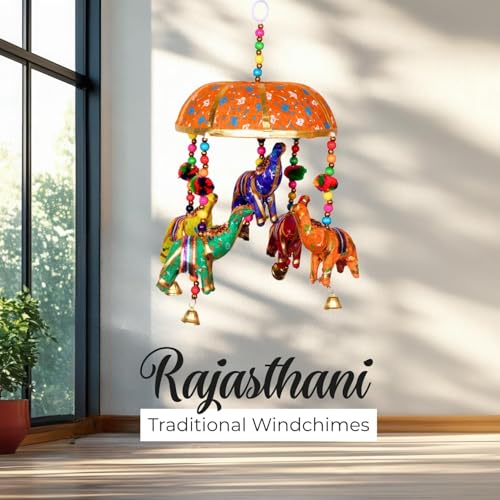 Image of Rajasthani Multicolor Elephants Jhoomer with Bell - Decorative Wind Chimes for Door & Wall Hanging, Ideal Home Decor & Gift Showpiece (Orange)