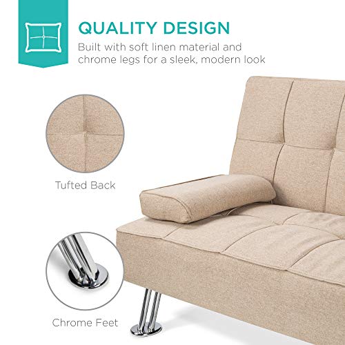 Best Choice Products Linen Upholstered Modern Convertible Folding Futon Sofa Bed For Compact Living Space, Apartment, Dorm, Bonus Room W/Removable Armrests, Metal Legs, 2 Cupholders - Beige #TOP4