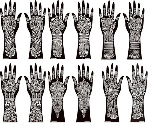 Henna Tattoo Stencil Kit, 12 Sheets Stickers for Hand Forearm Glitter Airbrush, Large Indian Temporary Tattoo Stickers