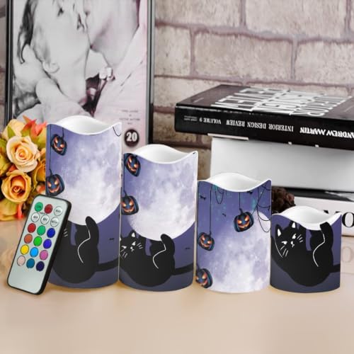Image of Black Cat Electric Flameless Candles with Remote Control | Halloween Flameless Candle Set with Timer, Battery Operated Fake Candles for Living Room Table Centerpieces
