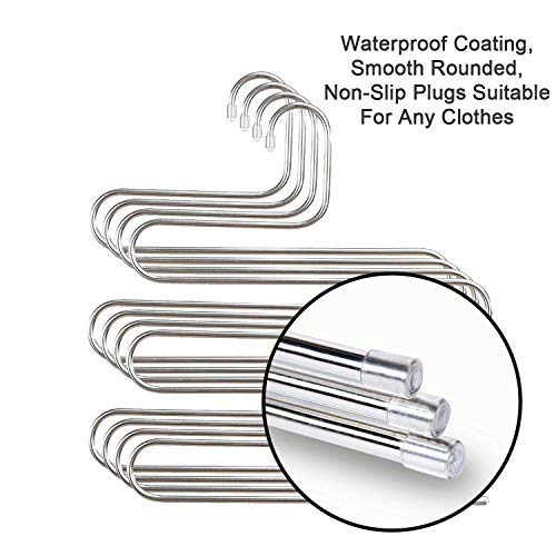 Trousers Hanger Pants Hangers S-Shape Hangers Stainless Steel Clothes Hangers Closet Space Saving for Pants Jeans Scarf Hanging Silver (4 Pack with 10 Clips) - Image 3