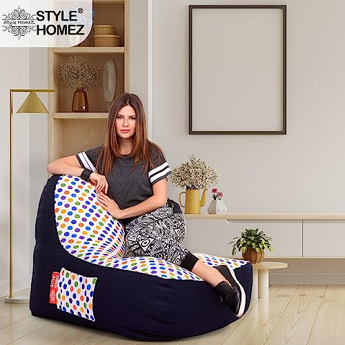 Image of Style Homez Urban Design Denim Canvas Polka Dots Printed Chair Bean Bag XXL Size Filled with Beans Fillers