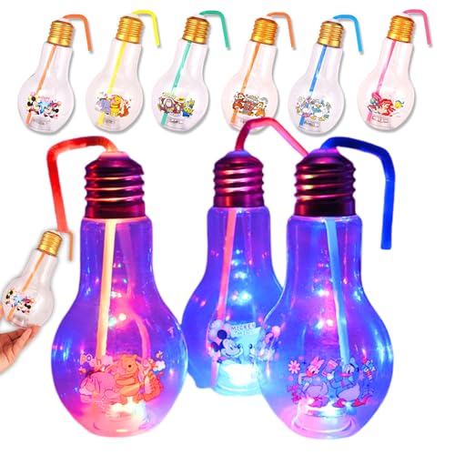 【 嬉しい 縁日 用品 】 ディズニー 光るピカピカ 電球ボトル 500ml 6種 3パターンで光る 割れにくい素材〔 お祭り/イベント/子供会/露店/縁日 〕曲がるストロー付き【K-Bright感謝のカード】