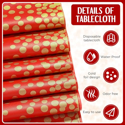 Image of Breling 24 Pack Red and Gold Disposable Plastic Tablecloths and Satin Table Runner Set, 54 x 108 Inch Tablecloth, 12 x 108 Inch Table Runners for Wedding Graduation Birthday Baby Shower New Year