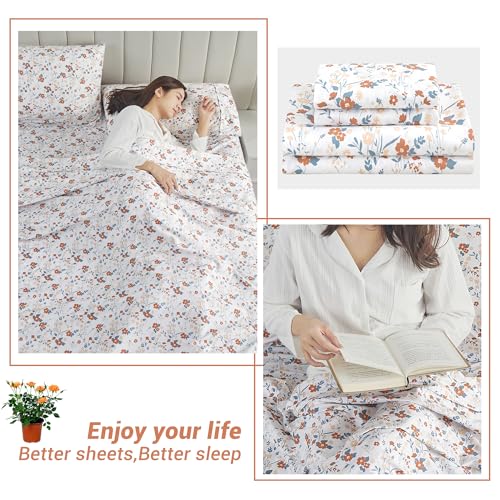 Image of Softan Floral Twin Size Sheet Set, Orange Flower Printed Bed Sheets for Girls, 3-Piece Microfiber Single Fitted Sheet with 15 inch Deep Pocket & Non-Slip Straps, Patterned Bedding Sheets & Pillowcase Set