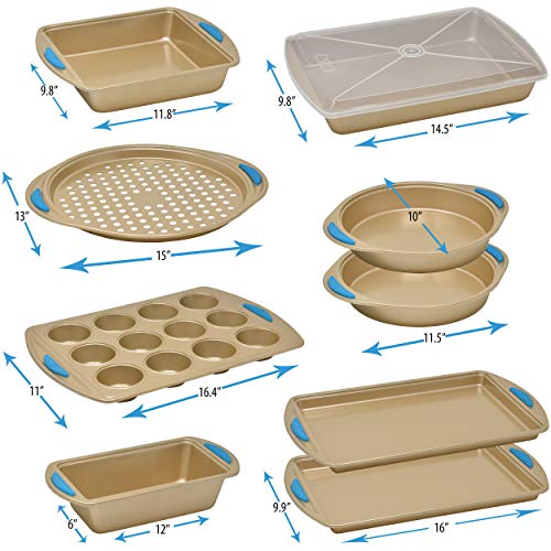 Baking Pan 10 Piece Set Nonstick Gold Steel Oven Bakeware Kitchen Set With Silicone Handles, Cookie Sheets, Round Cake Pans, 9X13 Pan With Lid, Loaf Pan, Deep Pan, Pizza Crisper, Muffin Pan By Perlli #TOP1