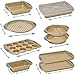 Perlli Baking Kit: Nonstick Gold Steel Oven Set - 10 Pieces, Cookie Sheets, Cake Pans, 9x13Pan with Lid, Loaf & Deep Pans, Pizza Crisper, Muffin Pan - Silicone Handles