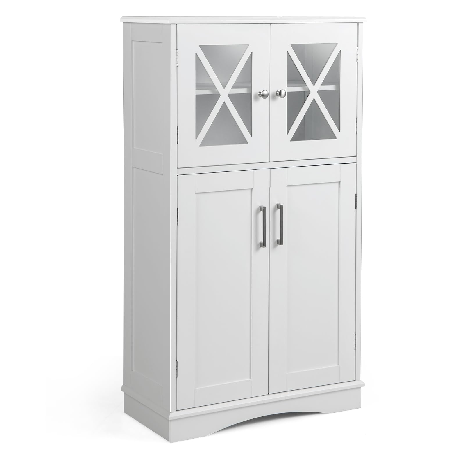 COSTWAY Bathroom Floor Cabinet, Freestanding Storage Cupboard with Double Door and Adjustable Shelves, Wooden Side Cabinet Organizer Unit for Bathroom Living Room Hallway (White, Glass Door Cabinet)