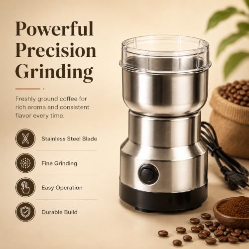 Image of KRESHU Electric Stainless Steel Spice Grinder, Multifunction Coffee Masala Grinder Machine with Sharp Blades, Dry Herbs Nuts Seeds Grain Grinder for Kitchen, Compact Mixer Grinder