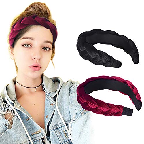 90s Vintage Velvet Thick Braids Headband For Women Girls Daily Party, Wide Padded Headbands By Hand Made, Hair Bands Twist Knotted Hairbands Hair Hoop For Wedding Cocktail