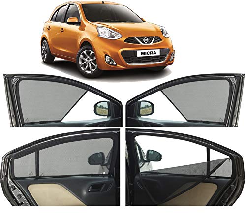 Image of Autofact Magnetic Car Sunshades Compatible with Nissan Micra (Set of 4) - Easy Installation, UV Protection, Keeps Car Cool (Front 2 Half-Cut for Side Mirror Visibility, Rear 2 with Zippers)