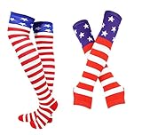Bienvenu Women's Extra Long Striped Socks Glove Set Over Knee High Opaque Stockings,Glove Sock Set_Flag