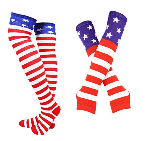 Bienvenu Women's Extra Long Striped Socks Glove Set Over Knee High Opaque Stockings,Red Blue