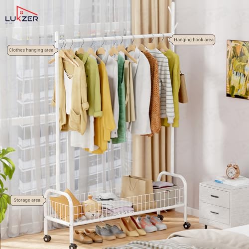 Image of Lukzer | MGR-003 | White | Metal Garment Rack with Wheels, Bottom Shelf & Single Rod - Cloth Organizer for Hanging Kurtas, Jackets, Bags in Bedroom, Office, Hostel & More | 173 x 110 x 35 cm