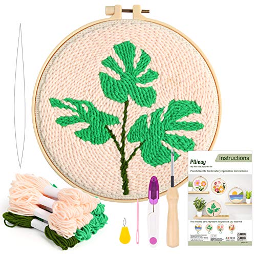 Pllieay Punch Needle Embroidery Starter Kits Include Instructions, Punch Needle Fabric with Pattern, Yarns, Embroidery Hoops for Rug-Punch & Pinch Needleï¼ˆMonsteraï¼‰