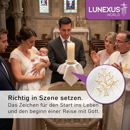 Lunexus Tauftuch Kerzentuch 35×35 cm – weißes Dekotuch mit Goldener Stickerei Kreuz und Taube sowie Spitzenrand – Dekotuch für Taufe, Taufkerze, Taufstein, Kommunion, Firmung und christliche Feier