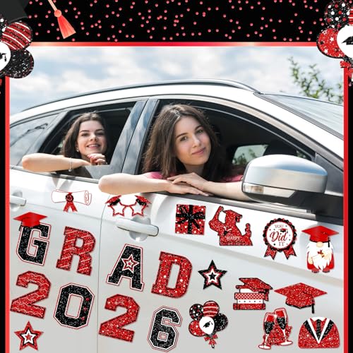 Image of Landhoow 30 Pcs Graduation Car Magnets 2026 Senior Graduation Car Decoration Bumper Sticker Congrats Grad Magnet Magnetic Refrigerator Decal for Grad Parade Party Supplies(Red, Black)