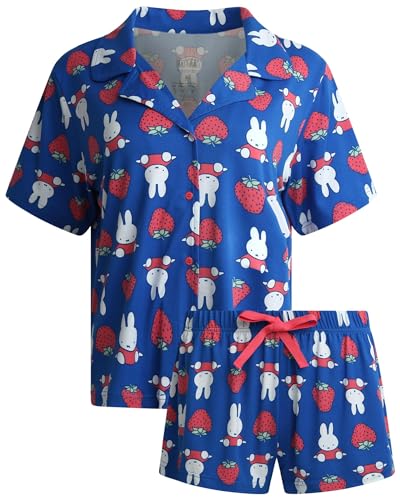 COCO BRANDS Miffy Womens Pajama Sets - 2 Piece Soft Button Down Sleep Shirt with Matching Pajama Pants or Pajama Shorts Size Large Miffy Strawberries Navy