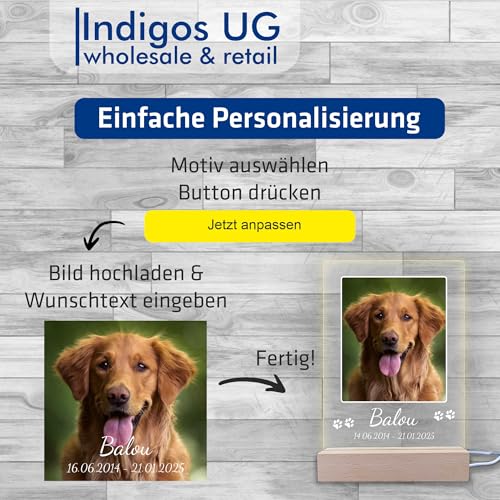 INDIGOS UG - LED Lampe personalisiert - Gedenktafel - hoch, Bild groß - Haustier, Hund, Katze - Wunschbild, Wunschtext - personalisierte Lampe - Geschenk, Familie - optionale Lampe warmweiß