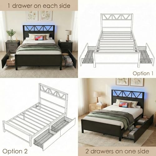 Image of LIKIMIO Twin XL Bed Frames with 2 Storage Drawers, Lights, Charging Station | Platform Twin XL Bed with Headboard and Footboard, Strong Metal Slats, No Box Spring Needed, Easy Assembly, Noise-Free, Black